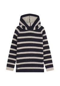 Hanorac raiat în nuanțe de bleumarin și gri deschis. Fabricat dintr-un material moale, are un decolteu în formă de V, mâneci lungi și un buzunar tip cangur. Model texturat de tricot.