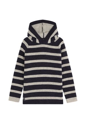 Sudadera a rayas en azul marino y gris claro. Fabricada con un tejido suave, presenta un escote en forma de V, mangas largas y un bolsillo tipo canguro. Patrón de punto texturizado.