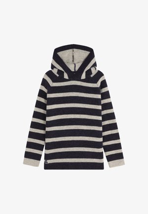 Sudadera a rayas en azul marino y gris claro. Fabricada con un tejido suave, presenta un escote en forma de V, mangas largas y un bolsillo tipo canguro. Patrón de punto texturizado.
