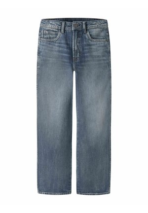 Blå falmede straight-leg denim jeans med forlommer og bæltestropper, vist fladt på en hvid baggrund.