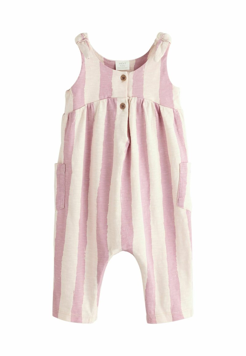 Stribet overall i lys pink og creme. Lavet af blødt stof, med to lommer, knaplukning foran og justerbare skulderstropper.