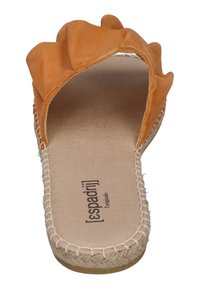 Orange suede espadrille slide sandal with ruffled upper, natural jute rope sole, and soft beige insole featuring branding.