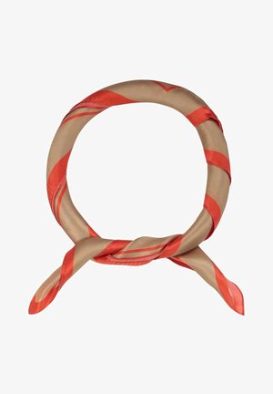 Eșarfă din mătase de formă circulară, cu dungi alternante de culoare bej și roșie, având o textură netedă. Capetele legate împreună într-un nod lejer.