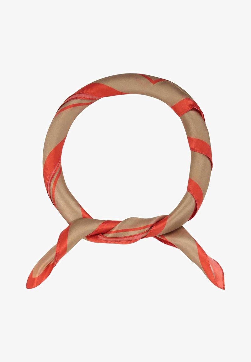 Apvalus šilko šalikas, su pakaitiniais šviesiai rudos ir raudonos juostomis, turintis lygų tekstūrą. Galai sukelti į laisvą mazgą.