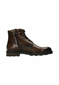 Bruine leren enkelboots met een glanzende afwerking, veterfront, zijrits en een robuuste rubberen zool voor grip.