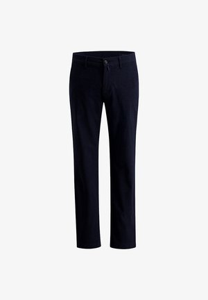 Dunkelblaue Baumwollhosen mit geradem Schnitt, Knopfverschluss und Taschen mit glatter Textur.