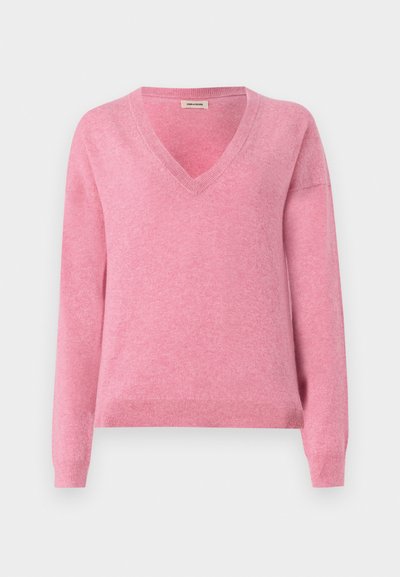 Pink v-neck sweater made of soft fabric, featuring long sleeves and a ribbed hem. Simple design with a smooth texture and slight stretch.