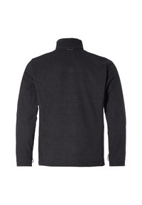 Giacca in pile nera con colletto alto, maniche lunghe e una texture liscia. Presenta una vestibilità dritta e dettagli minimi.