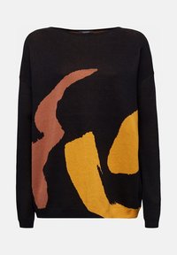 Svart tröja med abstrakta former i rost och senap. Rund halsringning, avslappnad passform, stickad textur, lång ärm. Distinkt mönsterdetalj.