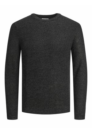 Must mustriba kootud sviiter ümmarguse kaeluse ja pikkade varrukatega, millel on tekstuuritud kangas, mis lisab visuaalset huvi.