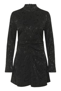 Black dress with long sleeves and a high collar, featuring a textured floral pattern and gathered waist detail. Zipper closure at back.