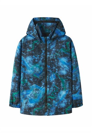Hettejakke med glidelås foran, sidelommer, elastiske mansjetter og abstrakt blå, svart og grønn digitalt kamuflasjemønster.