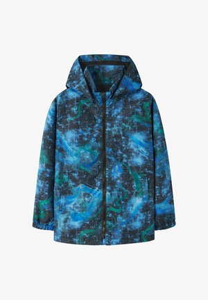 Hupparillinen takki, jossa vetoketju edessä, sivutaskut, joustavat hihansuut ja abstrakti sinisen, mustan ja vihreän digitaalisen maastokuvion kuvio.