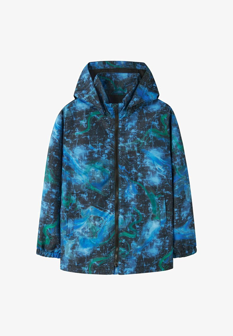 Kapucnis dzseki elülső cipzárral, oldalzsebekkel, rugalmas mandzsettákkal, valamint absztrakt kék, fekete és zöld digitális terepmintával.