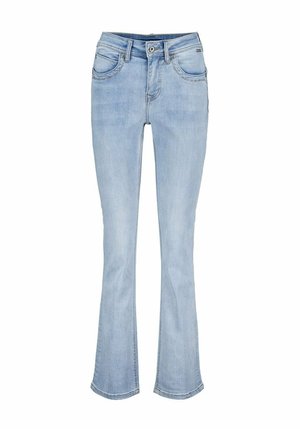 Lichtblauwe spijkerbroek met iets uitlopende pijpen, knoop- en ritssluiting aan de voorkant, riemlussen, en voor- en achterzakken.