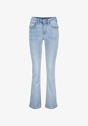 Lichtblauwe spijkerbroek met iets uitlopende pijpen, knoop- en ritssluiting aan de voorkant, riemlussen, en voor- en achterzakken.