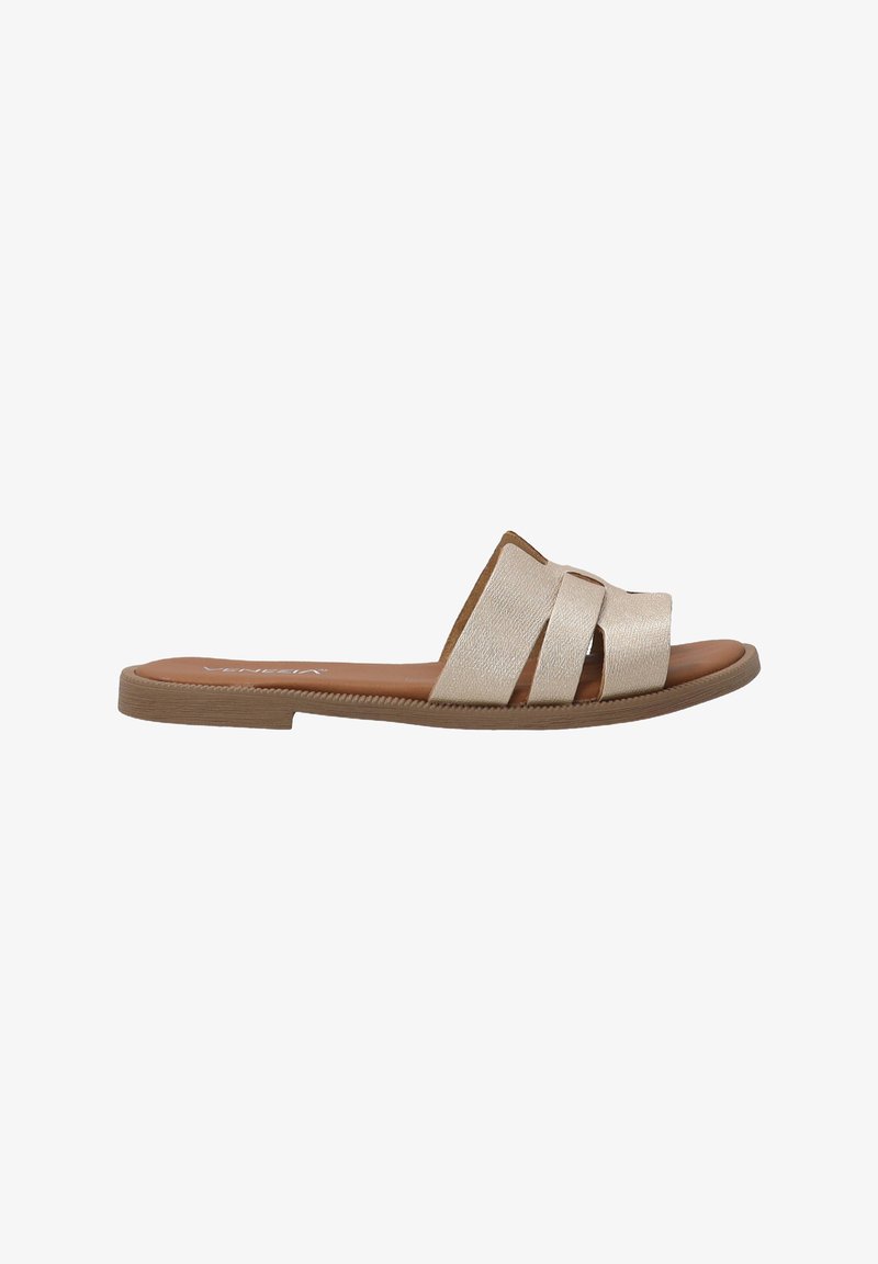 Beige slide sandal with three textured straps, brown insole, and a rubber sole. Flat design with no heel and minimalistic hardware.