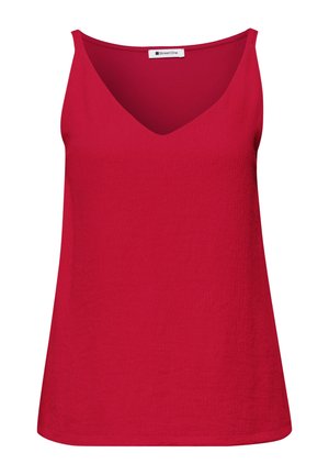 Top rouge sans manches pour femme avec un col en V et un tissu légèrement texturé, étiqueté "Street One" au niveau du col.