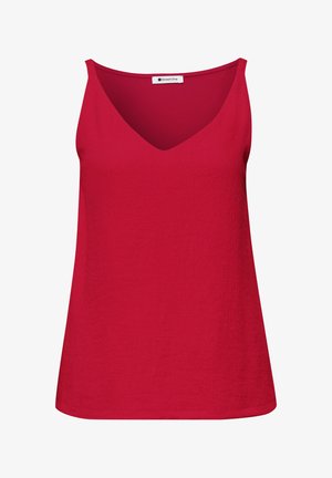 Rotes ärmelloses Damenoberteil mit V-Ausschnitt und leicht strukturierter Stoffqualität, mit dem Label „Street One“ am Ausschnitt.