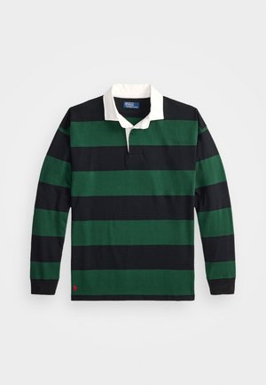 Langermet polo skjorte med grønne og svarte horisontale striper, hvit krage, bomullsmateriale, og en liten logo på kanten.