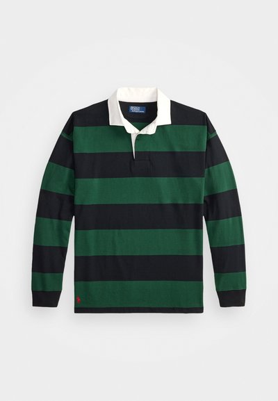Polo majica s dolgimi rokavi z zelenimi in črnimi vodoravnimi črtami, belim ovratnikom, bombažno tkanino in majhnim logotipom na robu.