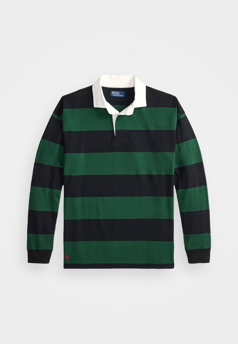 Polo à manches longues avec des rayures horizontales vertes et noires, un col blanc, en coton, et un petit logo sur l'ourlet.