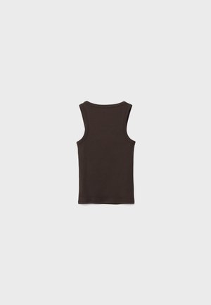 Débardeur sans manches brun foncé avec un col rond, posé à plat montrant le dos sur un fond clair uni.