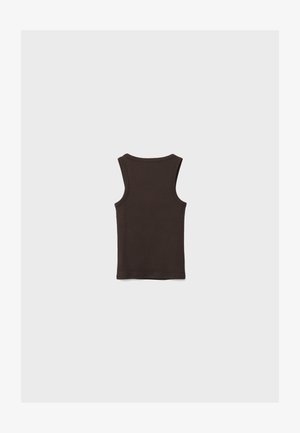 Débardeur sans manches brun foncé avec un col rond, posé à plat montrant le dos sur un fond clair uni.