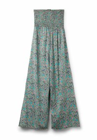 Mono con estampado floral y cuerpo fruncido en verde, azul, rosa y púrpura. Las piernas anchas ofrecen un ajuste holgado, hecho de una tela ligera.