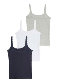 Drie hemdjes in grijs, wit en marineblauw, met dunne bandjes en een scalloped rand langs de halslijn en armsgaten. Gemaakt van een katoenmix.