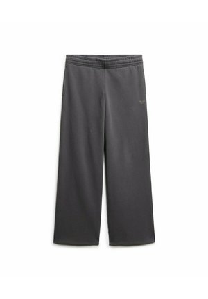 Gray wide-leg pants made of soft fabric, featuring an elastic waistband and side pockets. Minimalist design with no prominent patterns or accents.