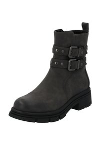Botas de cuero gris hasta el tobillo con dos hebillas ajustables, acentos de tachuelas y una suela negra gruesa diseñada para la durabilidad y la comodidad.