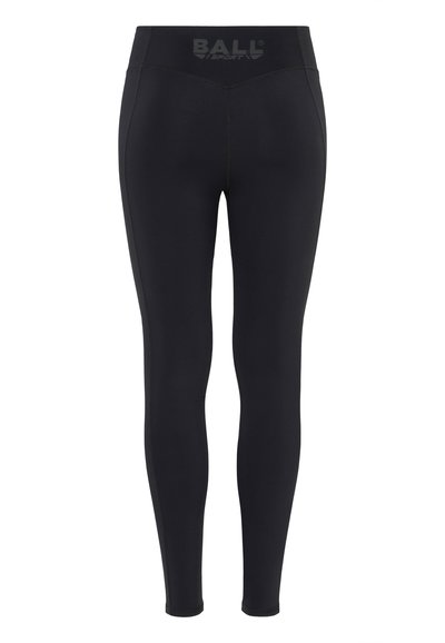 Crne atletske tajice s visokim pojasom. Karakteristike uključuju glatku teksturu i istaknutu markicu na pojasu.