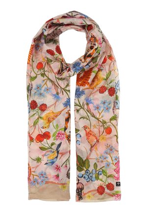Light scarf with colorful birds, butterflies, berries, and flowers pattern on a pale background.