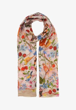 Sciarpa leggera con motivo di uccelli colorati, farfalle, bacche e fiori su sfondo chiaro.