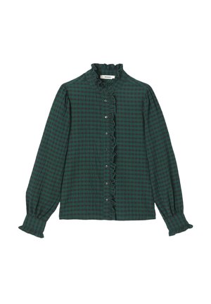 Blouse à manches longues à carreaux verts et noirs avec col à volants, boutonnée sur le devant et poignets à volants.