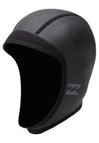 Capucha de surf negra de neopreno con textura suave, costuras planas y forma redonda en la parte superior. Presenta un logo en gris en un lado. Diseñada para ajustarse cómodamente.