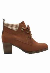 Brown suede ankle boot with a block heel, featuring a checked textile collar, decorative lace-up front, and metal accents.