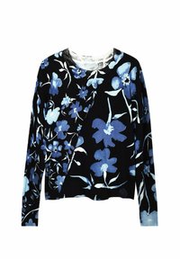 Maglione floreale a maniche lunghe con sfondo nero. Presenta motivi di fiori blu e azzurri e un collo a girocollo con bordo a coste.