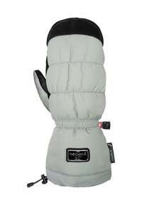 Gepolsterte Fäustlinge in Hellgrau mit schwarzen Lederakzenten. Verfügt über einen elastischen Handgelenkverschluss und ein Markenlabel für einen sicheren Sitz und Stil.