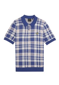 Polo shirt blu a maniche corte con motivo a quadri in bianco e arancione chiaro, con colletto a coste e un piccolo logo ricamato.