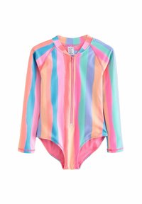 Maillot de bain à manches longues coloré avec un zip �à l'avant. Présente des rayures verticales en rose, bleu et vert. Tissu lisse et extensible.