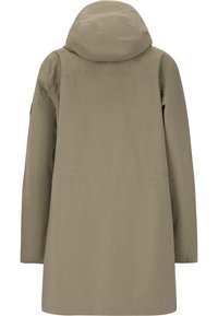 Khaki lange parka met een capuchon, met een gladde textuur en een recht gesneden ontwerp. Geen zichtbare sluitingen of zakken aan de achterkant.