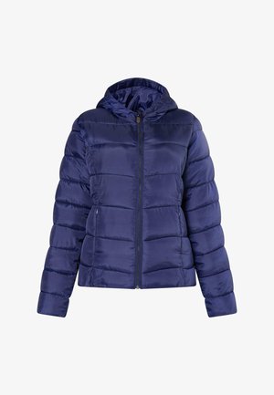 Námořnická modrá péřová bunda s kapucí, zipem vpředu a prošívaným vzorem. Hladká, lesklá tkanina; zateplená pro teplo.