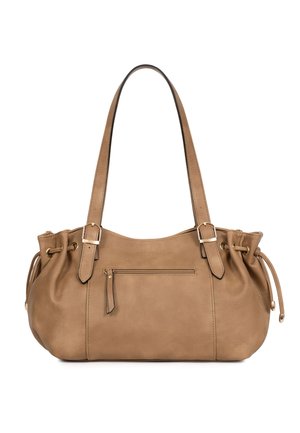 Lichtbruine leren handtas met dubbele schouderbanden, een voorvak met rits, zijkanten met trekkoord en goudkleurige gespsieraden.