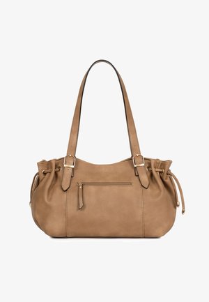 Borsa in pelle marrone chiaro con doppie spalline, tasca frontale con zip, fianchi con coulisse e dettagli con fibbie dorate.