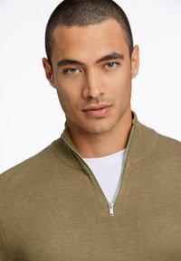 Olivgrüner Reißverschluss-Pullover mit strukturierter Strickware, der einen hohen Kragen und einen silbernen Reißverschluss hat. Getragen über einem weißen T-Shirt.