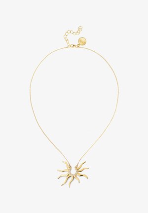 Goldkette mit einem sonnenscheibenförmigen Anhänger, der verlängerte Strahlen hat und mit kleinen klaren Steinen verziert ist. Verstellbare Kette mit Verschluss.