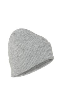 Grå strikket hue med en blød tekstur, der har et ribbet design og en slouchy form, lavet af et varmt materiale.