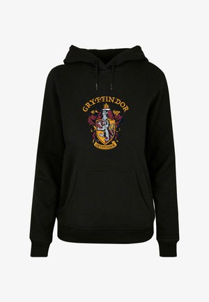 Zwarte hoodie gemaakt van stof met een voorzak, voorzien van een Gryffindor-wapen in goud, rood en wit met gedetailleerd borduurwerk.